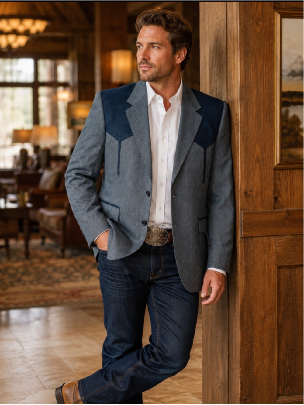 Circle S Western Blazer Men’s 44S Blue Gray Navy Yoke Cowboy Sport Coat Dallas